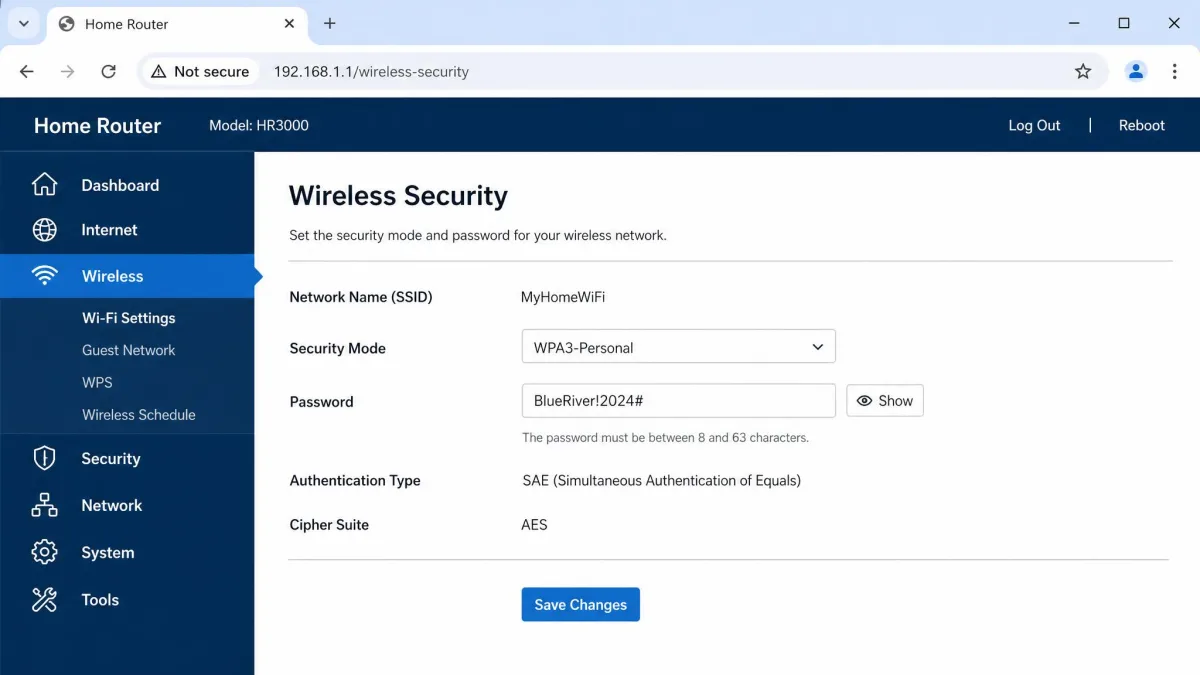A home router settings page open in a browser showing the Wi-Fi security mode set to WPA3 and a custom network password.