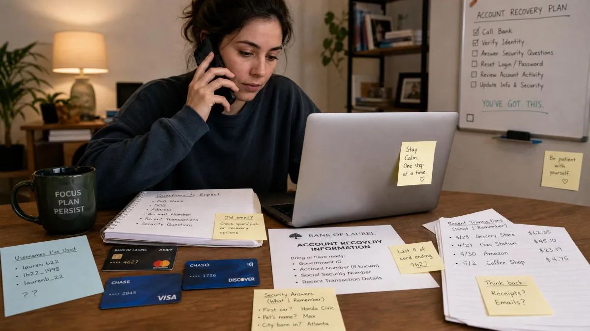 A person on the phone with their bank while working through a laptop surrounded by paperwork, cards, and notes during an account recovery.