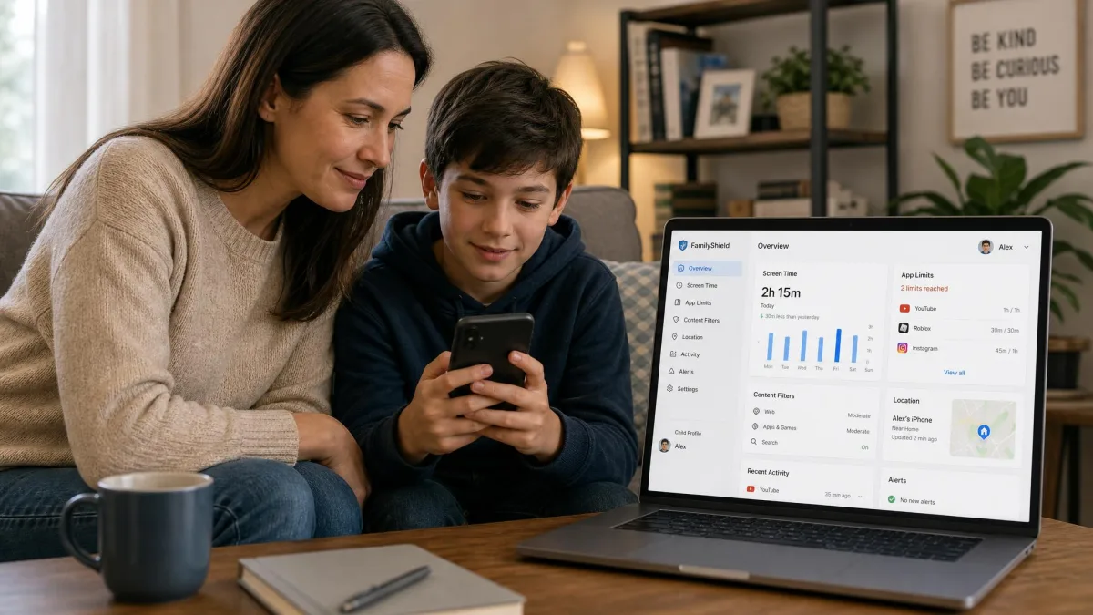 A parent sitting beside a child who holds a phone, the two of them looking at the screen together while a parental controls dashboard is open on a laptop nearby.