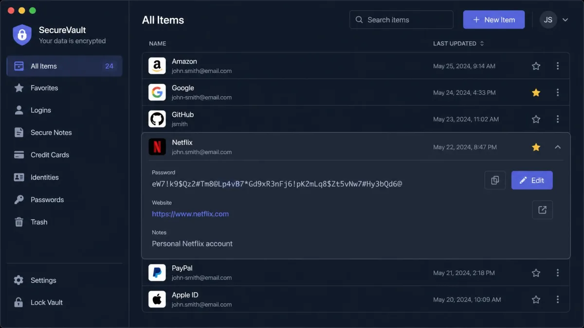 A password manager app screen showing a list of saved accounts with one long generated password revealed beside an edit button.