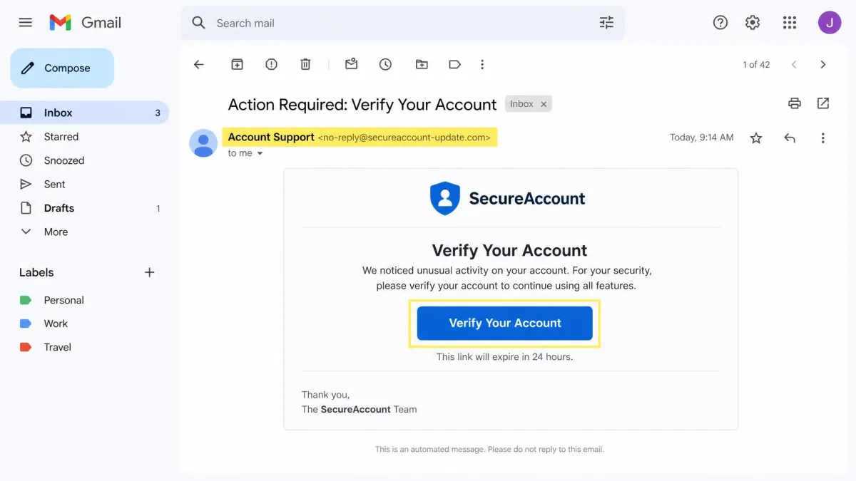 A phishing email open in an inbox with the sender address and a fake verify-your-account button highlighted.