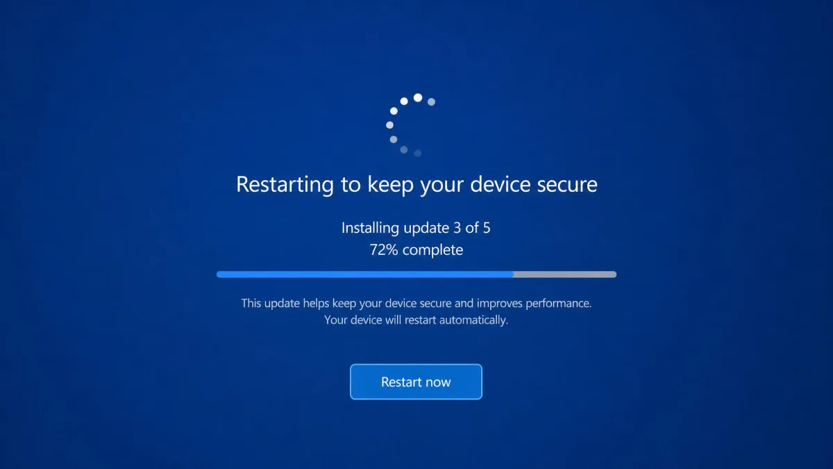 A laptop restart screen with a software update in progress and a restart-now button, the prompt that keeps devices patched.