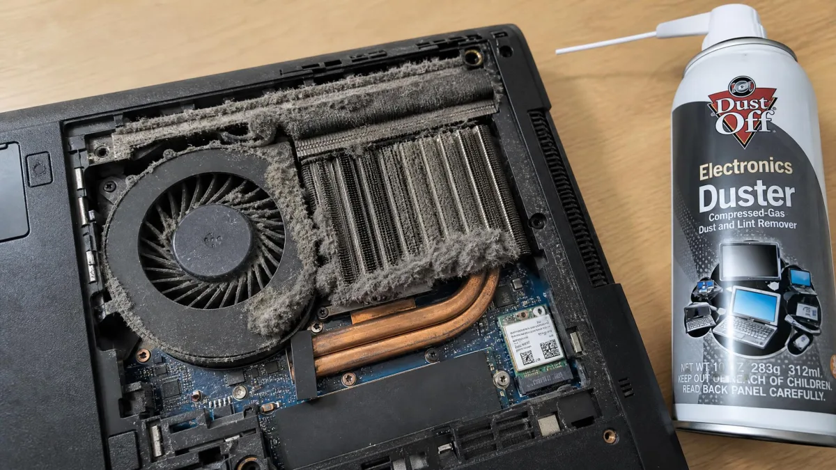 Open laptop bottom panel showing a cooling fan and heatsink fins packed with grey dust, with a can of compressed air resting beside the chassis.