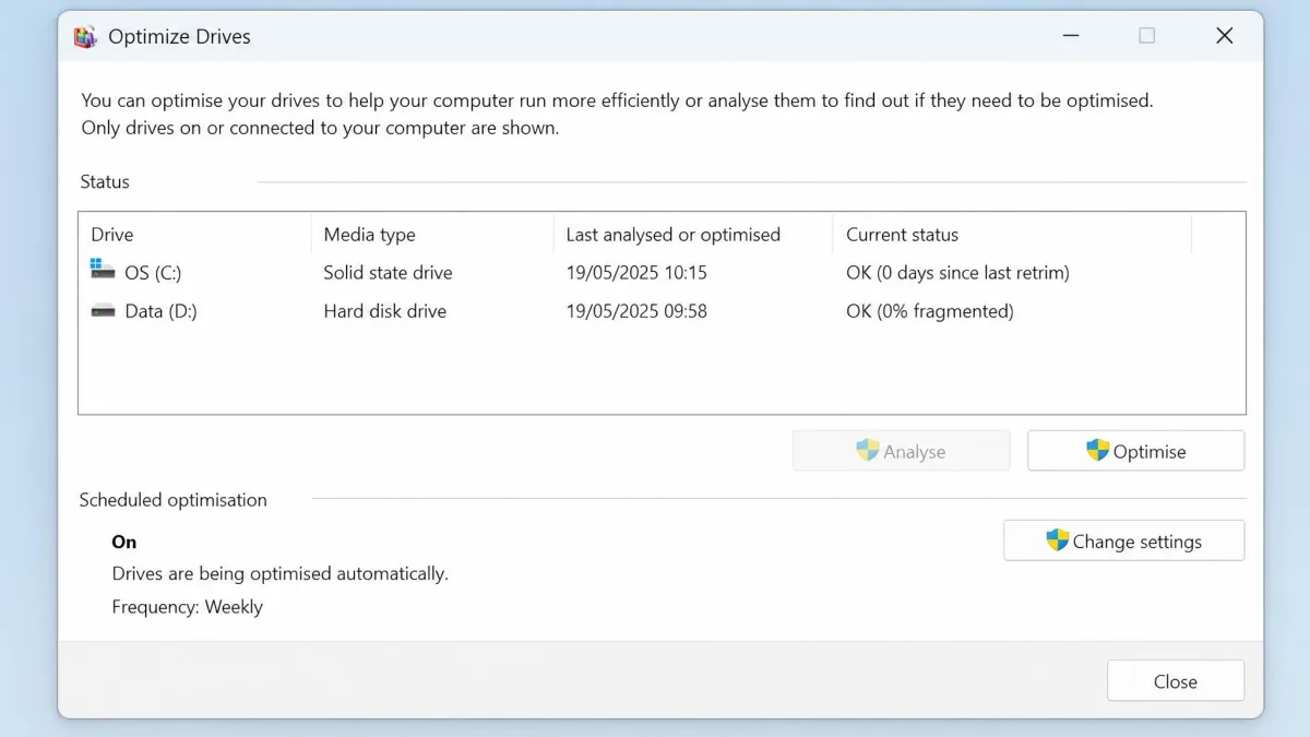 Windows Optimize Drives window listing two volumes with the Media type column showing Solid state drive and Hard disk drive, and the weekly scheduled optimisation status below.