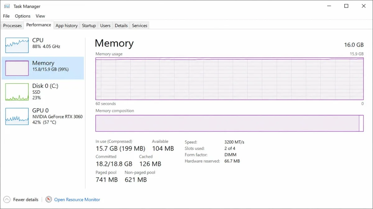 Task Manager Performance tab with the CPU, Memory, Disk and GPU graphs stacked in the left sidebar and the memory graph pinned near one hundred percent in the main panel.