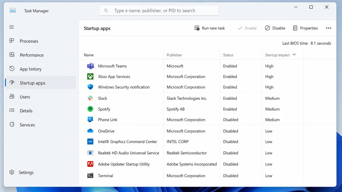 Windows 11 Task Manager Startup apps tab with a list of programs, the Status column showing Enabled and Disabled, and the Startup impact column sorted with High entries at the top.