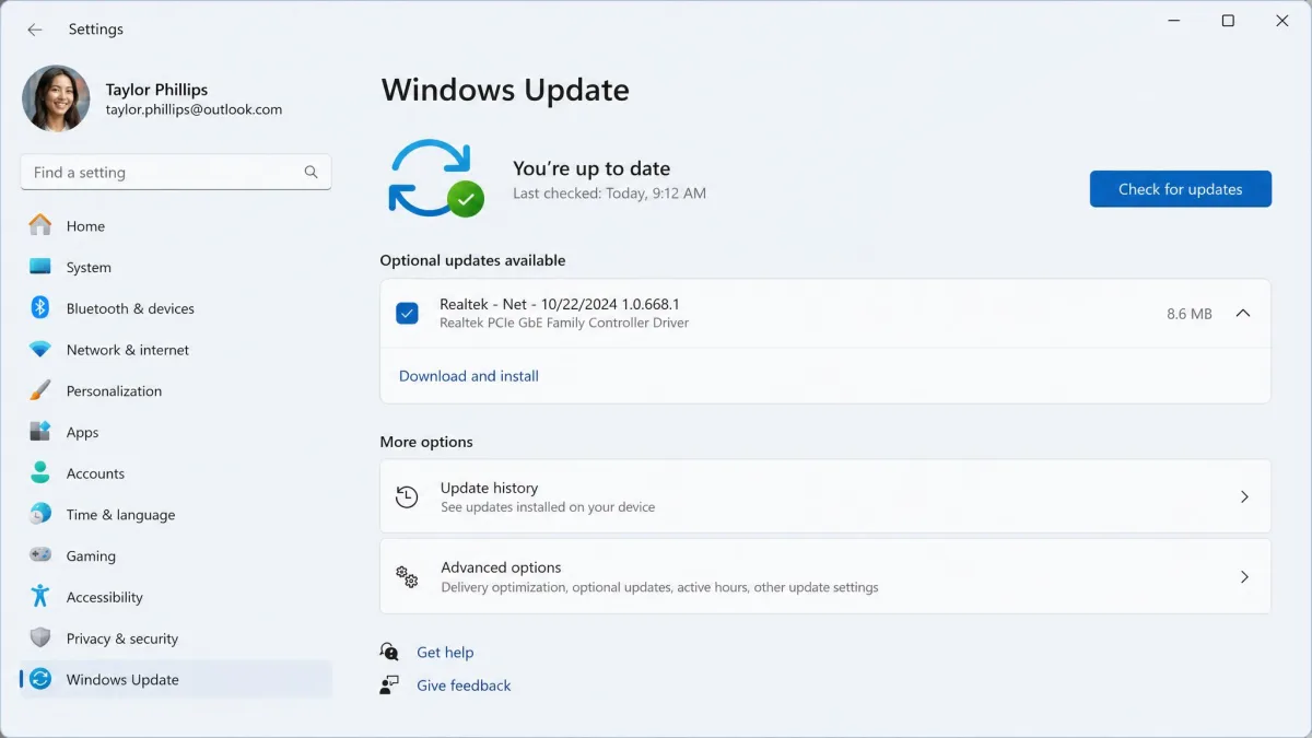 Windows 11 Settings app on the Windows Update page showing an optional driver update available, with the update history link and advanced options listed underneath.