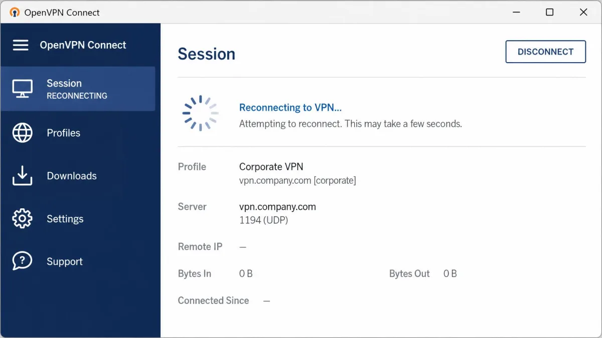 OpenVPN Connect client on Windows showing a stalled connection attempt with a spinning status indicator and a "reconnecting" message in the session panel.