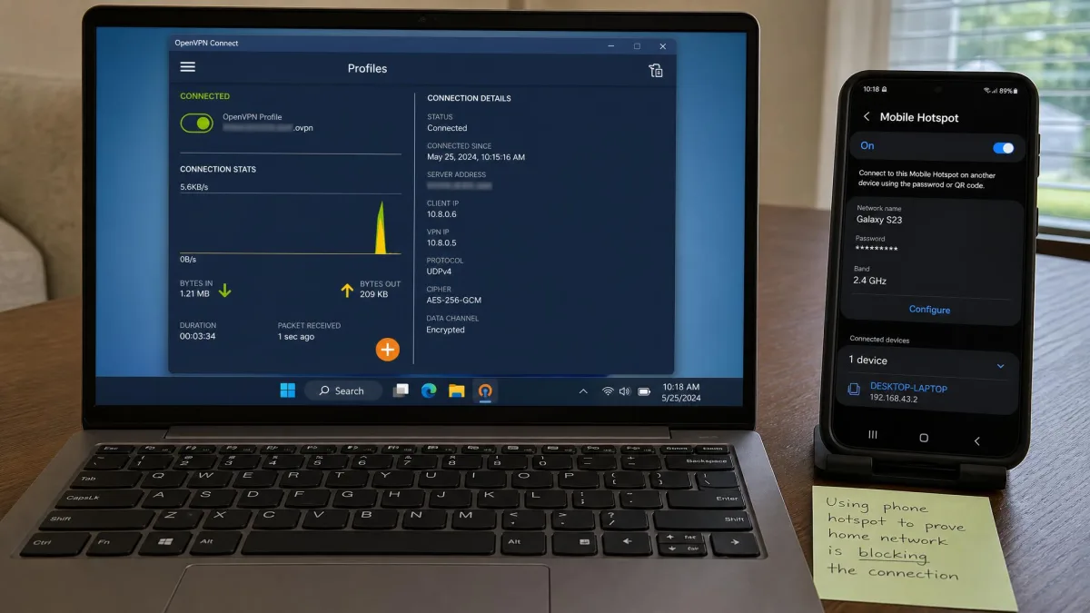 Laptop connected to a phone's mobile hotspot with OpenVPN Connect showing a successful tunnel, used to prove the home network was blocking the connection.