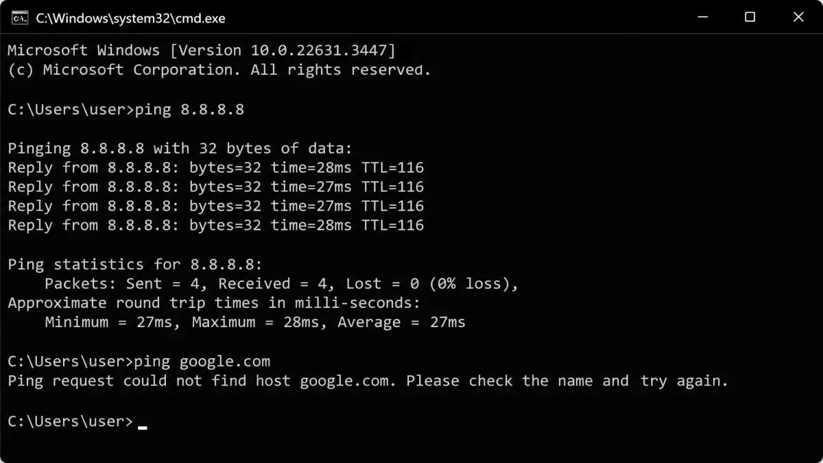 Command prompt showing a successful ping to 8.8.8.8 alongside a failed name-resolution lookup, illustrating an OpenVPN tunnel that is connected but pushing no DNS server.