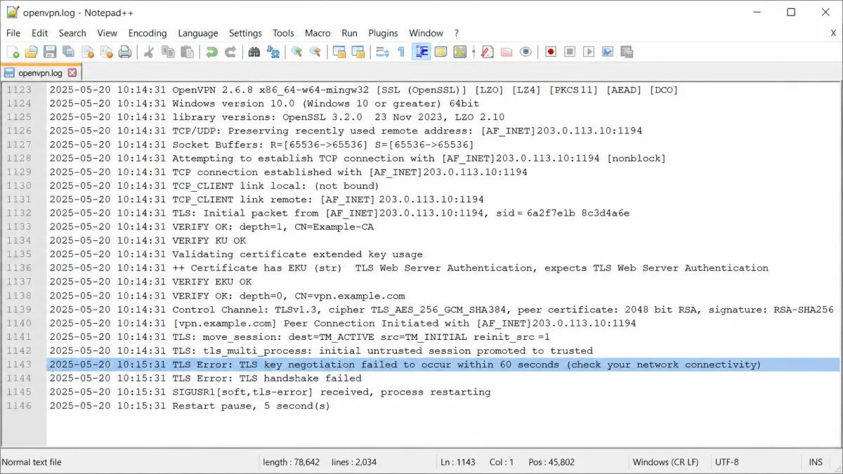 OpenVPN log file open in a text editor with the "TLS Error: TLS key negotiation failed to occur within 60 seconds" line highlighted among surrounding handshake entries.