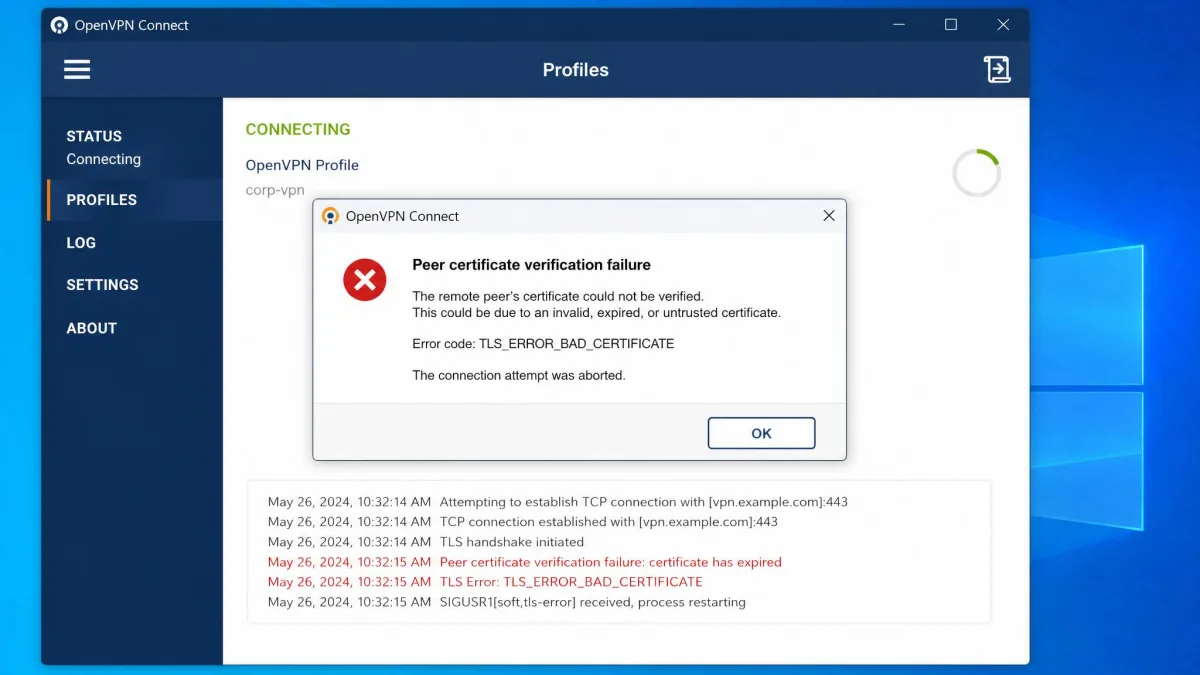 OpenVPN Connect error dialog reading "Peer certificate verification failure" over the client window after an expired server certificate was detected during the handshake.