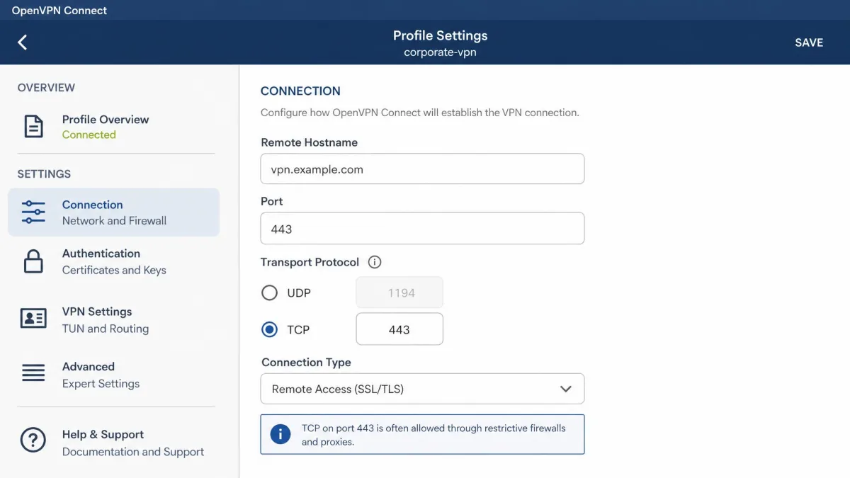 OpenVPN client profile settings screen showing the transport protocol switched from UDP 1194 to TCP 443 to pass through a restrictive firewall.