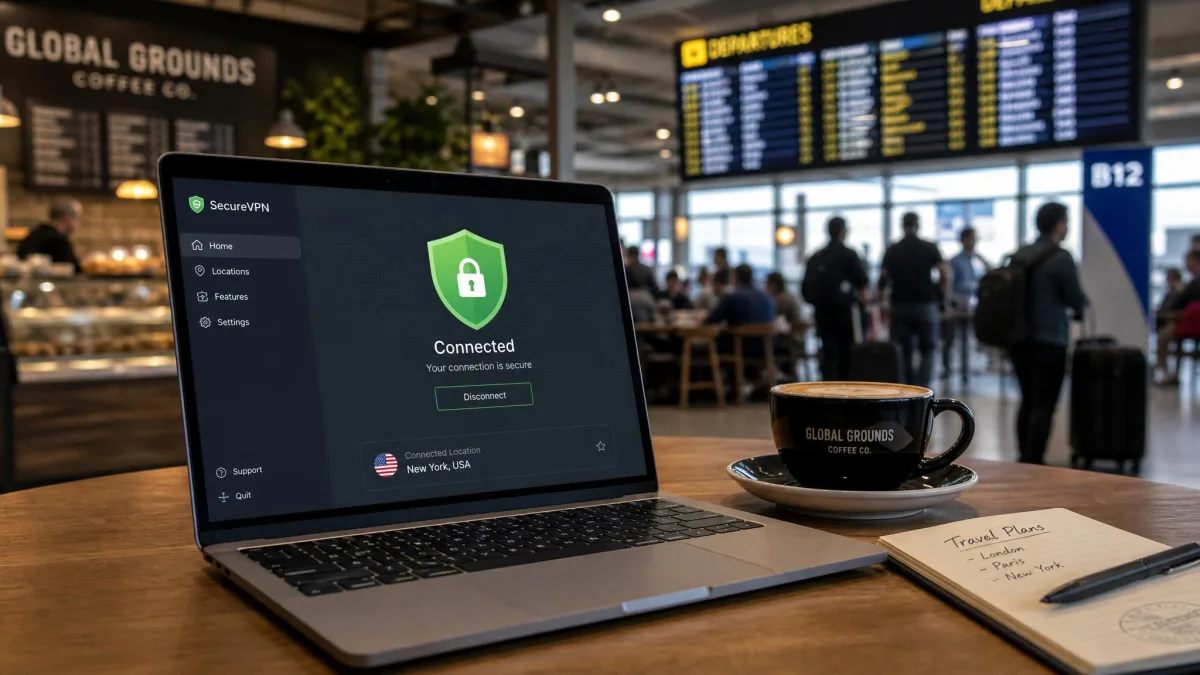 A laptop on an airport cafe table showing a VPN app with a green connected status and a shield icon, with an open coffee shop and departure boards blurred in the background.