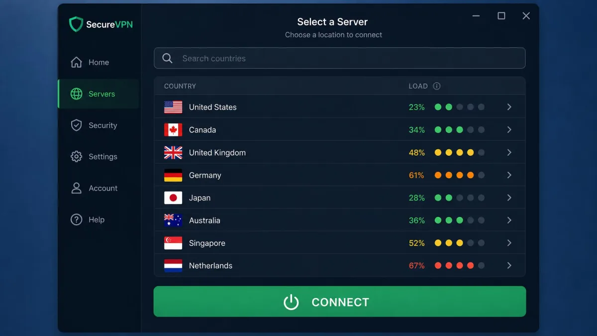 A VPN app interface showing a searchable list of server countries with connection load indicators, a search bar at the top, and a large connect button at the bottom.