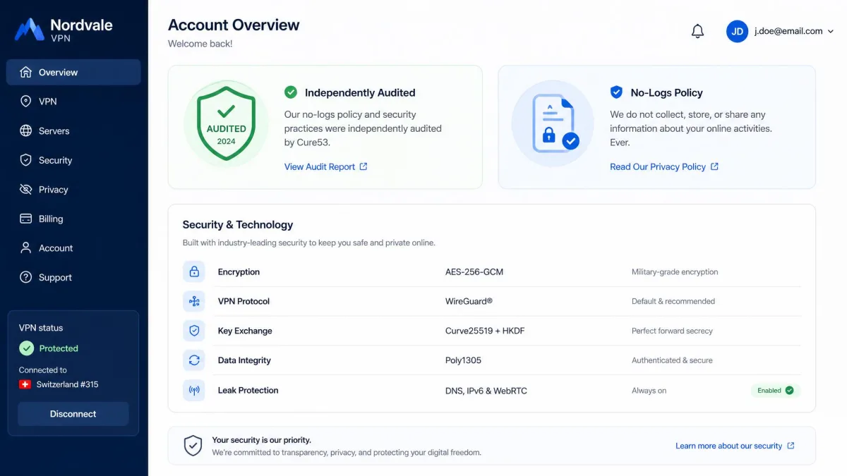 A VPN provider account page highlighting an independent security audit badge and a no-logs policy statement, with encryption and protocol details listed below.