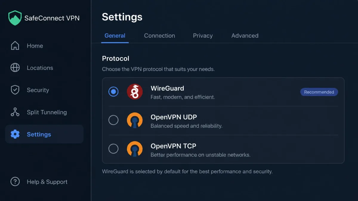A VPN app settings screen showing a protocol selector with WireGuard, OpenVPN UDP, and OpenVPN TCP options, with WireGuard selected as the default.