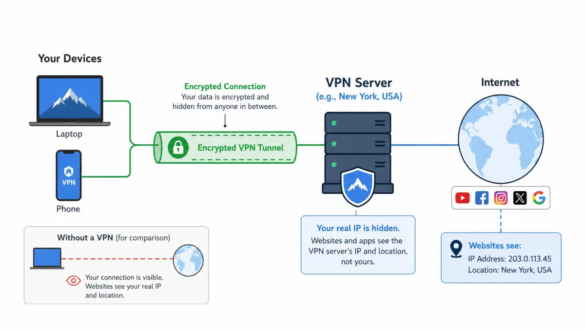 Simple diagram showing a laptop and phone connecting through an encrypted tunnel to a VPN server, which then connects out to the wider internet, with the user's real IP hidden behind the server's location.