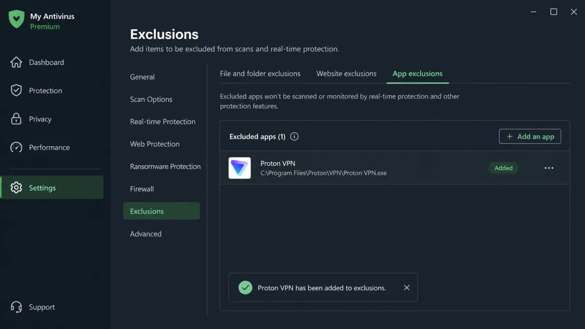 An antivirus settings screen showing an exclusions list with a Proton VPN entry being added to allow the app through.