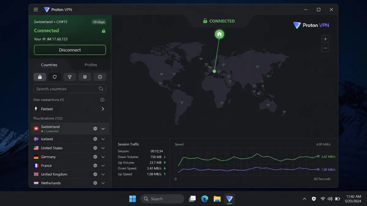 The Proton VPN desktop app open and connected to a server, showing a green connected status and the server list, representing a stable working state.