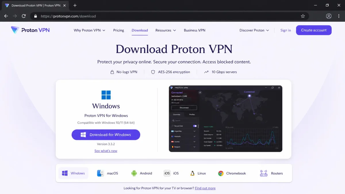 The official Proton VPN download page in a browser with the Windows download button visible, illustrating a clean reinstall from the official source.