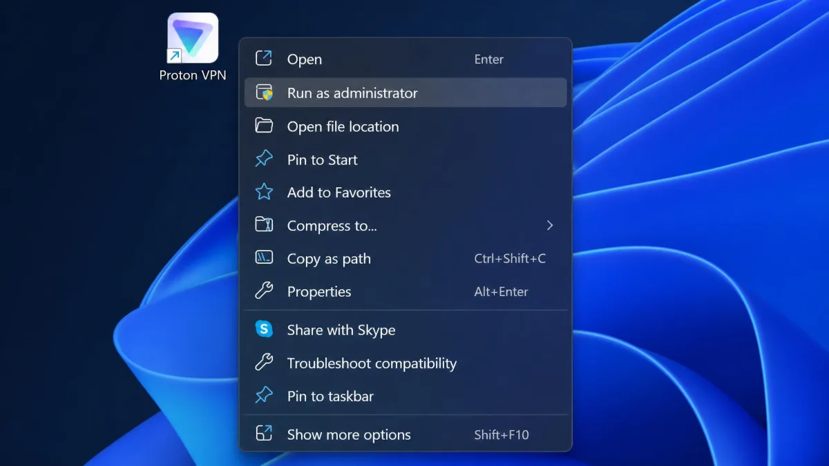 A Windows right-click context menu on the Proton VPN shortcut with the "Run as administrator" option highlighted.