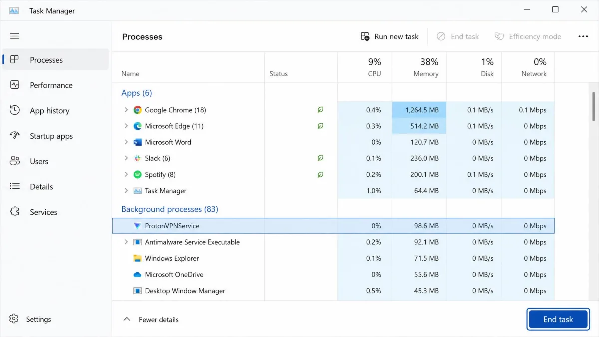The Windows Task Manager Processes tab with a ProtonVPNService entry selected and the End task button highlighted in the lower right.