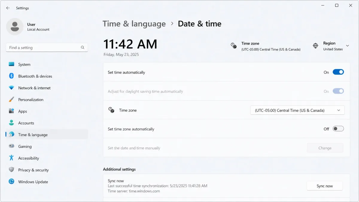 The Windows Date & time settings screen with the "Set time automatically" toggle switched on and the current time zone shown below it.