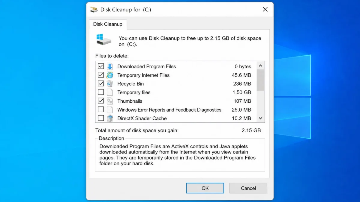 The Disk Cleanup for C: dialog showing the scrollable Files to delete checkbox list with size estimates beside each category and the total amount of disk space gained displayed below.