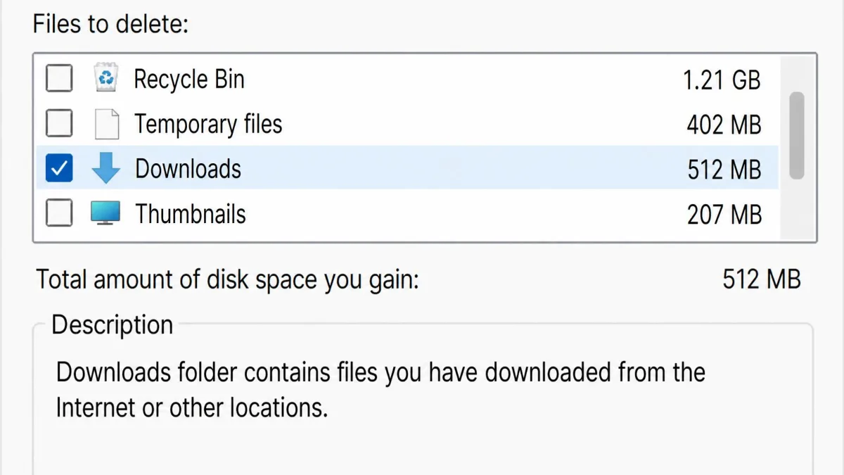 Close-up of the Disk Cleanup dialog with the Downloads checkbox selected and the warning description text below explaining that the folder contains files the user downloaded.