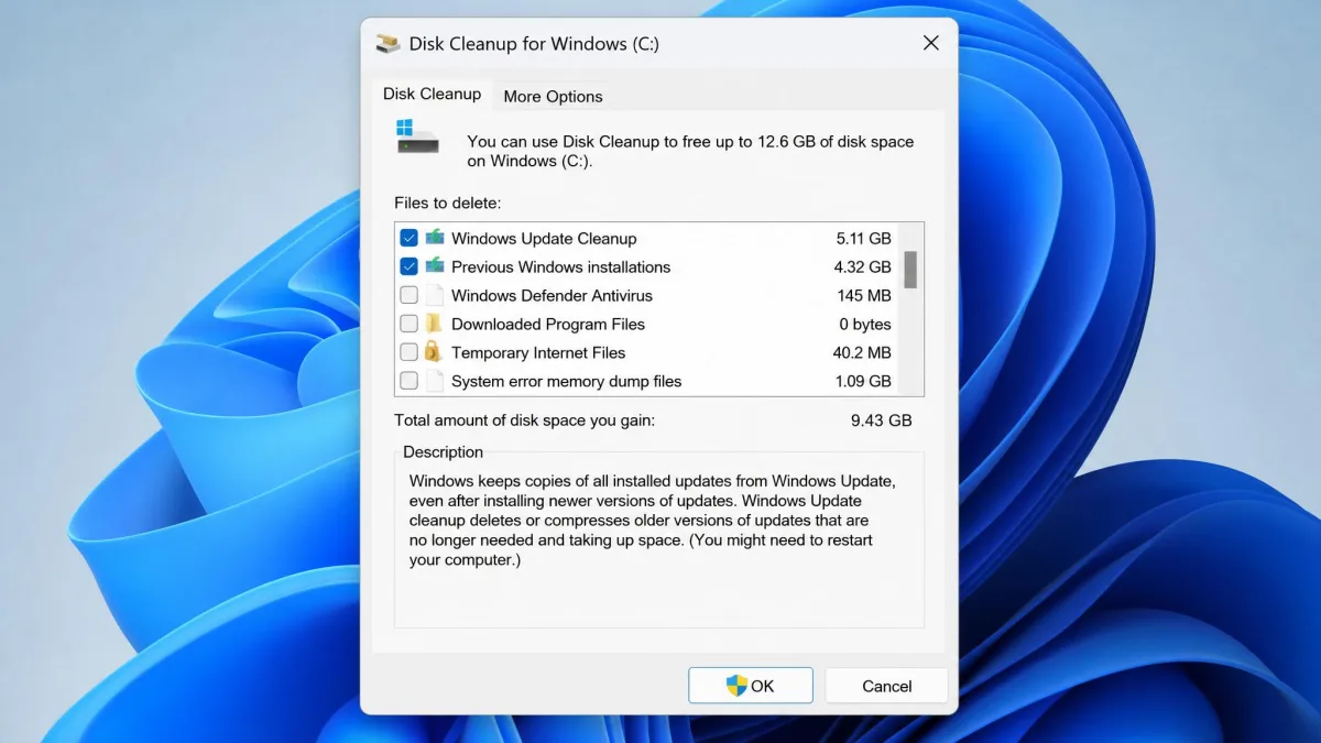 The Disk Cleanup dialog in system files mode on Windows 11, showing Windows Update Cleanup and Previous Windows installations in the category list with multi-gigabyte size estimates.