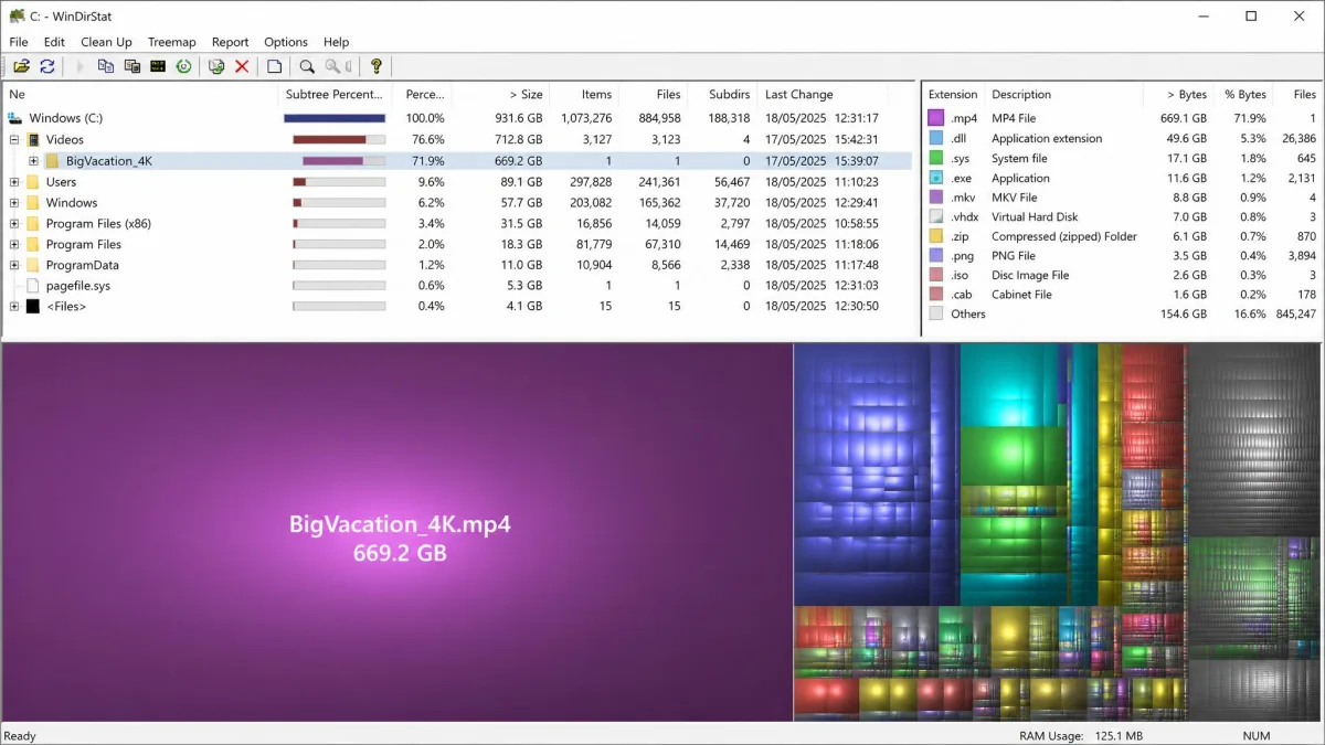 WinDirStat displaying a Windows C: drive with the directory tree at the top, the coloured treemap filling the lower half, and one oversized video folder dominating the visualization.