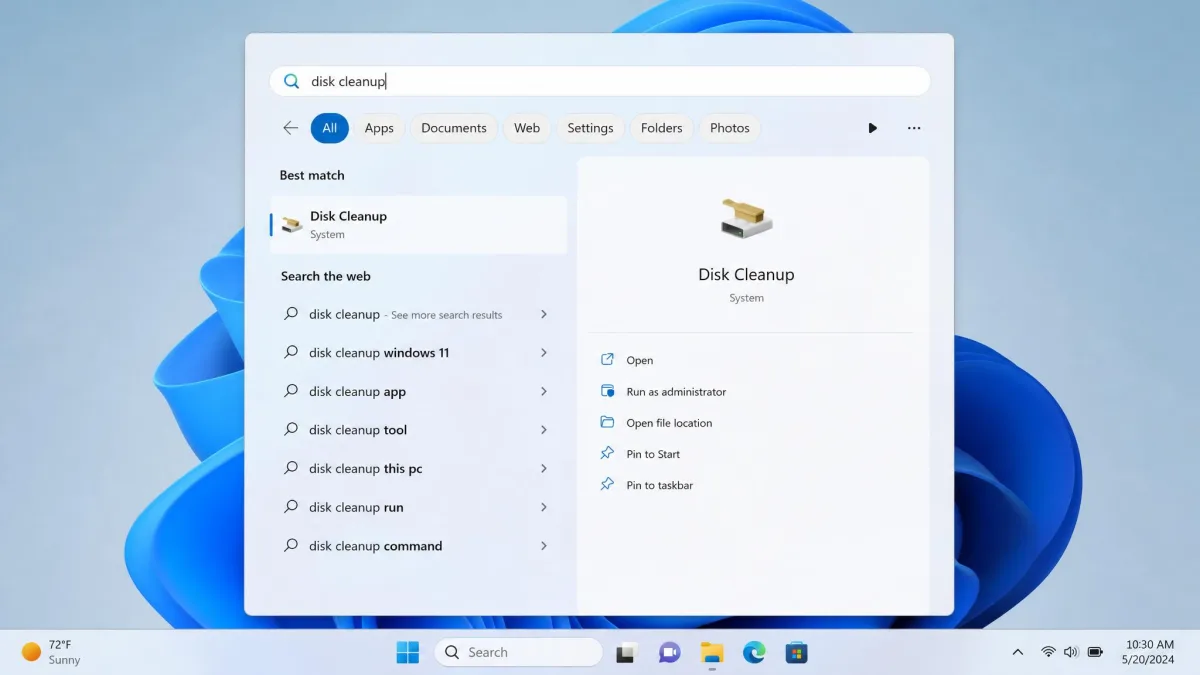 The Windows 11 Start menu with "disk cleanup" typed into the search box and the Disk Cleanup desktop app highlighted as the best match result.