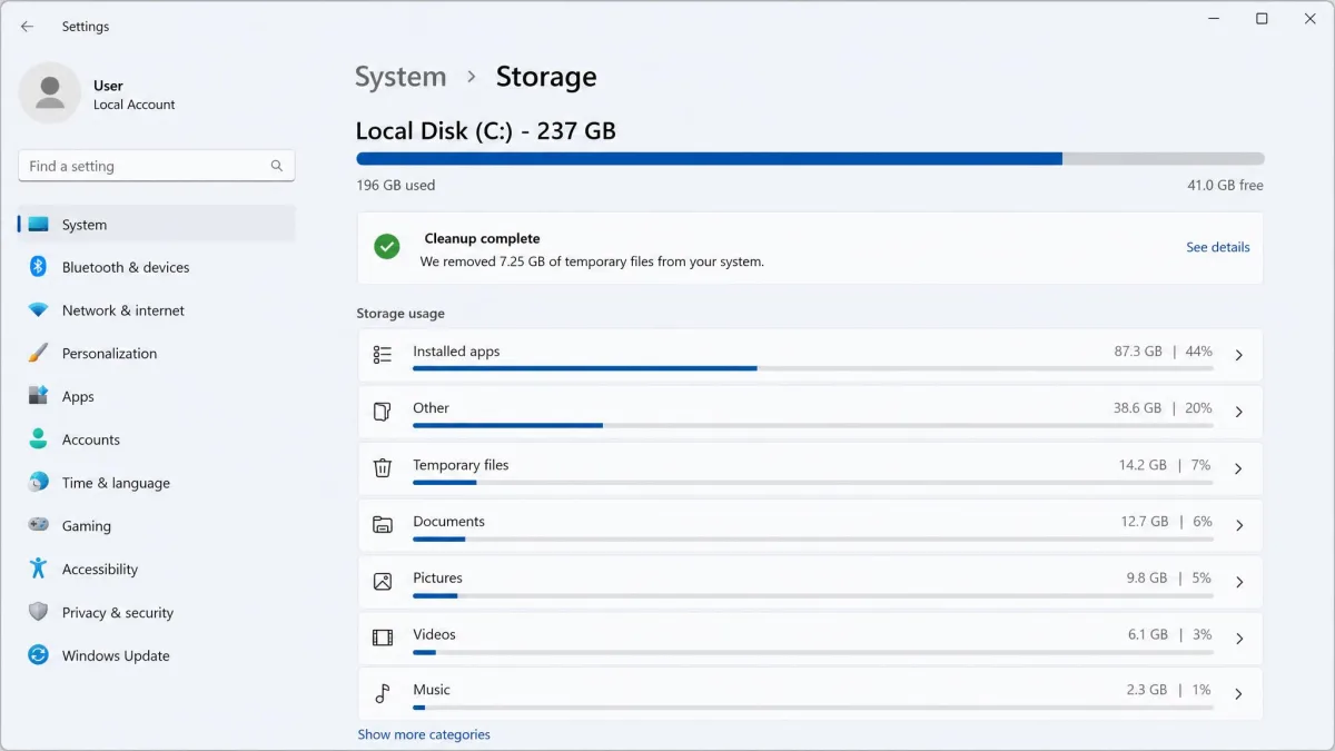The Windows 11 Settings Storage page after a cleanup run, showing the C: drive usage bar with several gigabytes of free space recovered and the category breakdown listed below.