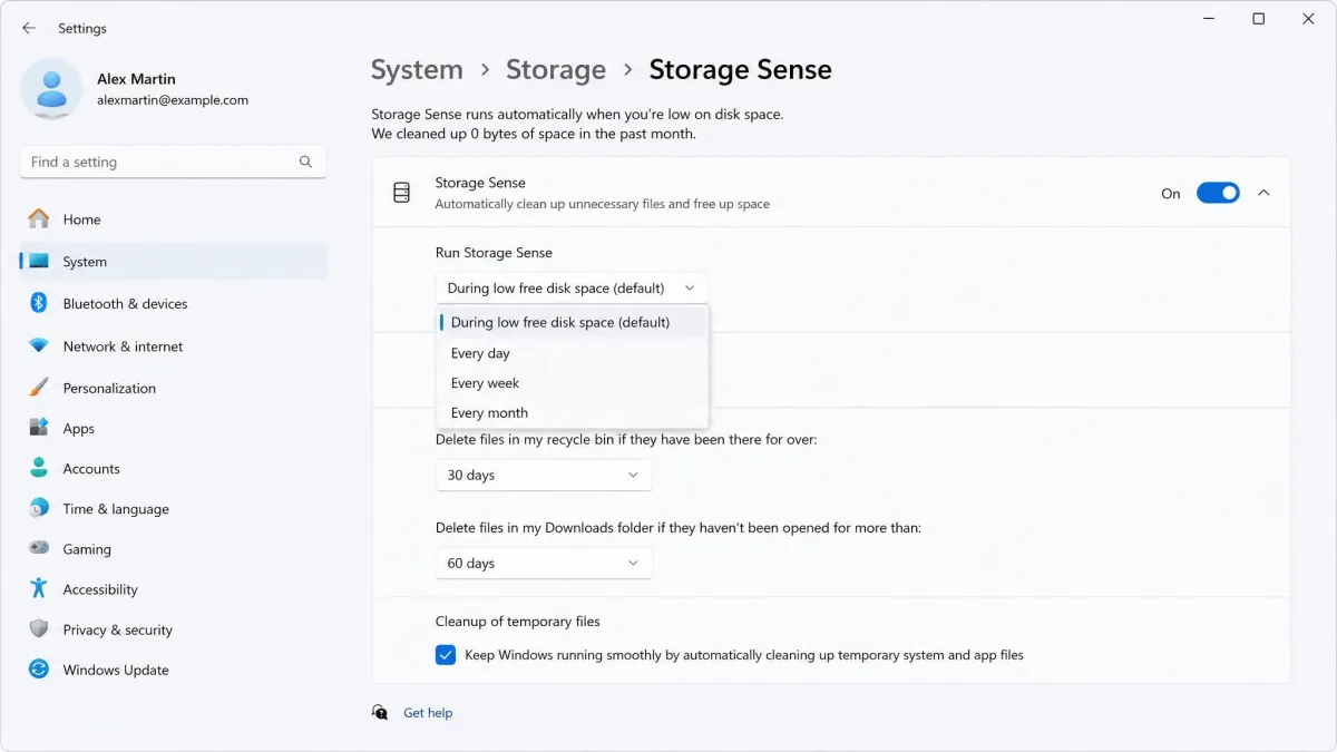 The Windows 11 Storage Sense settings page with the feature toggled on, the cleanup schedule dropdown open, and the Recycle Bin and Downloads day thresholds visible below.