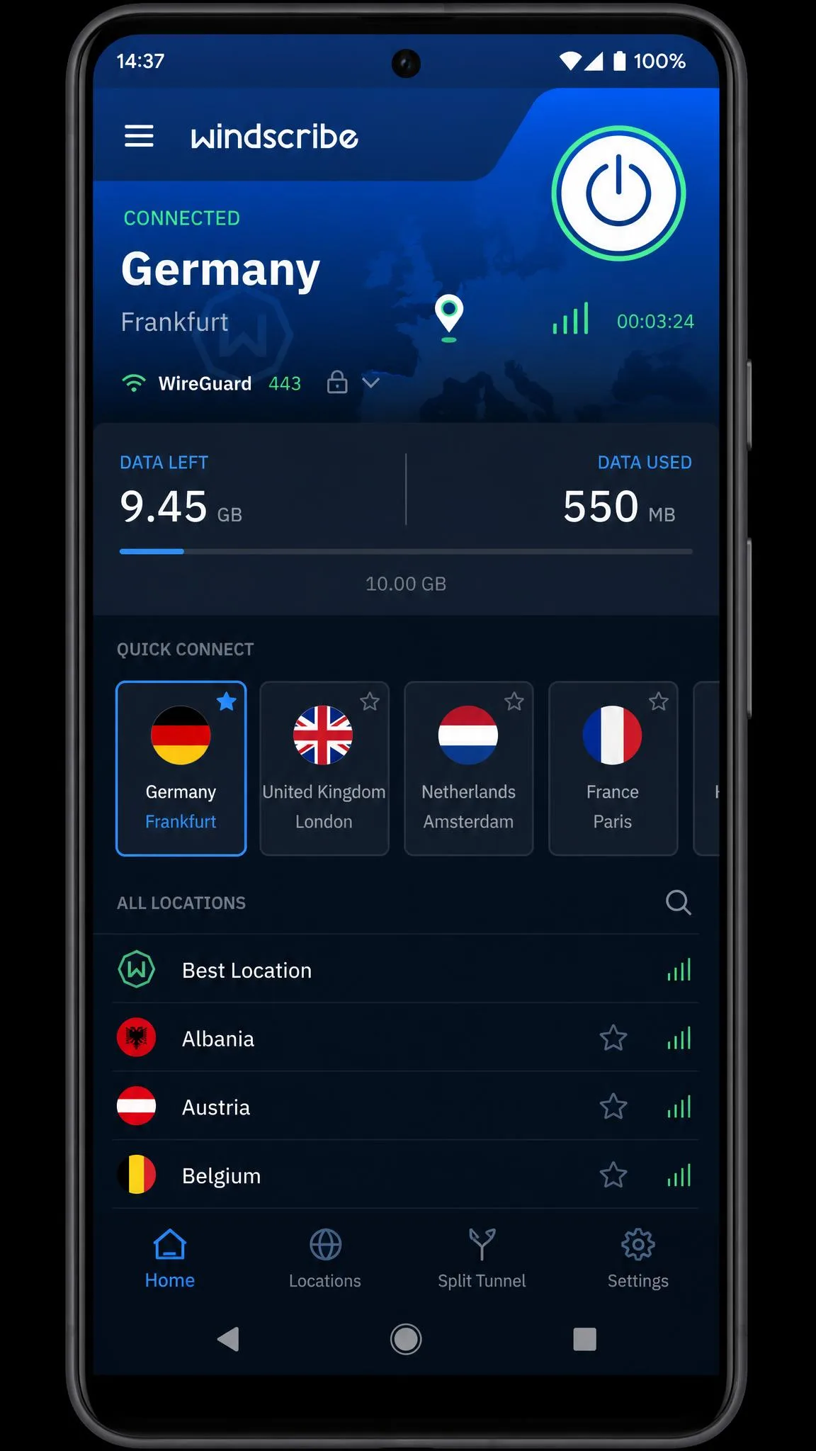The Windscribe Android app on a phone showing an active connection to a European server with the data counter and quick server switcher visible.