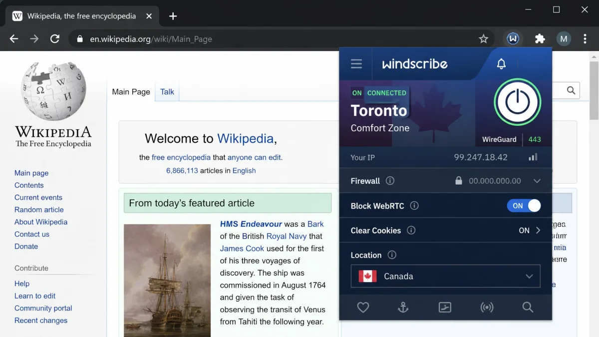 The Windscribe Chrome extension popup open over a webpage, showing the connection toggle, WebRTC block, cookie-clearing option and location controls.
