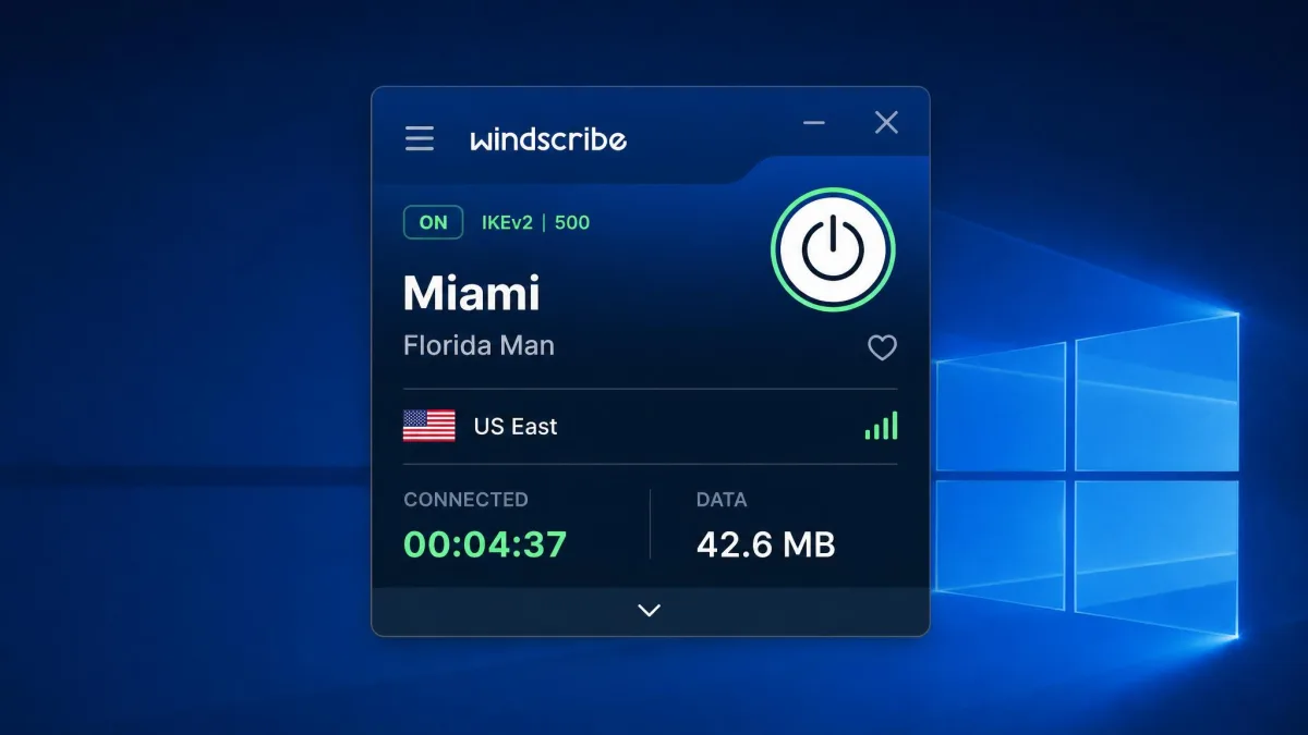 The Windscribe Windows desktop app in compact mode showing a connected session to a US server, with the location name, connection timer and data counter visible on a dark blue panel.