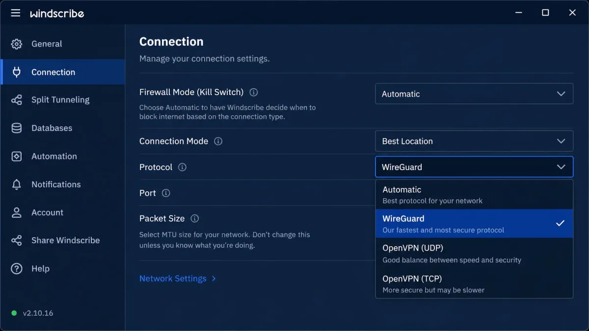 The Windscribe connection preferences screen with the firewall kill switch set to automatic and the protocol dropdown open on WireGuard.