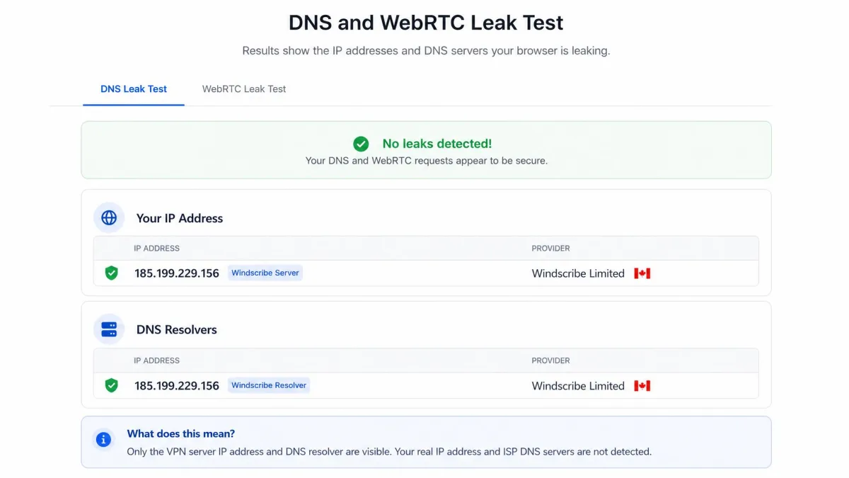 A DNS and WebRTC leak test results page showing only the Windscribe server IP and resolver, with no local IP address or ISP DNS entries visible.