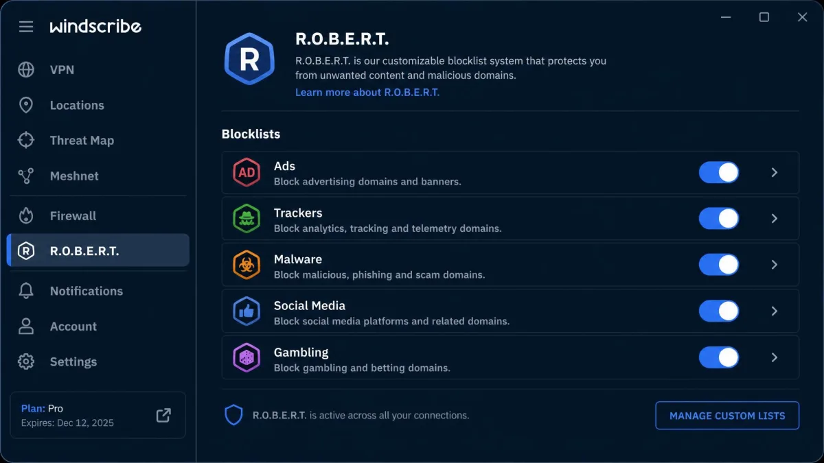 The R.O.B.E.R.T. settings panel in the Windscribe app showing toggles for ads, trackers, malware, social media and gambling domain blocklists.