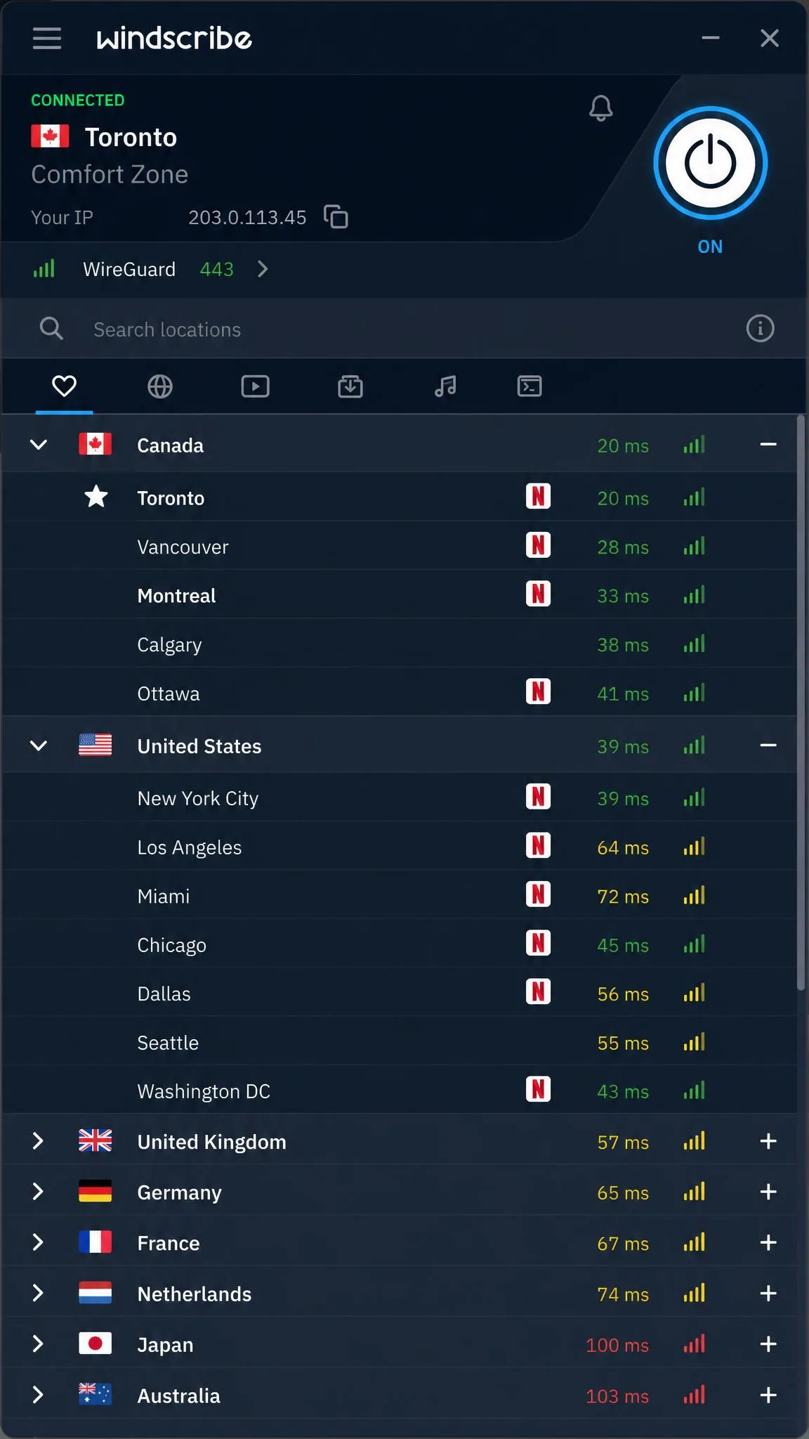 The Windscribe server location list expanded to show country groups with individual city entries, latency bars and the streaming server icon beside selected locations.
