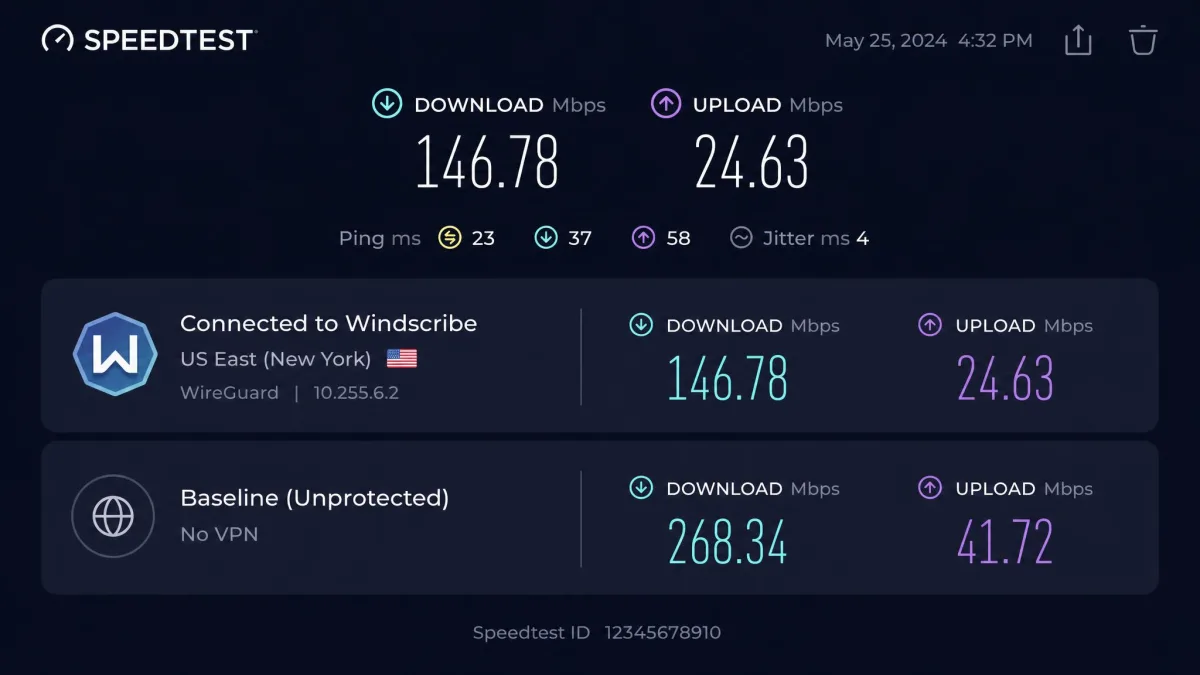 A speed test results screen taken while connected to a Windscribe US server, showing download and upload figures alongside the unprotected baseline for comparison.