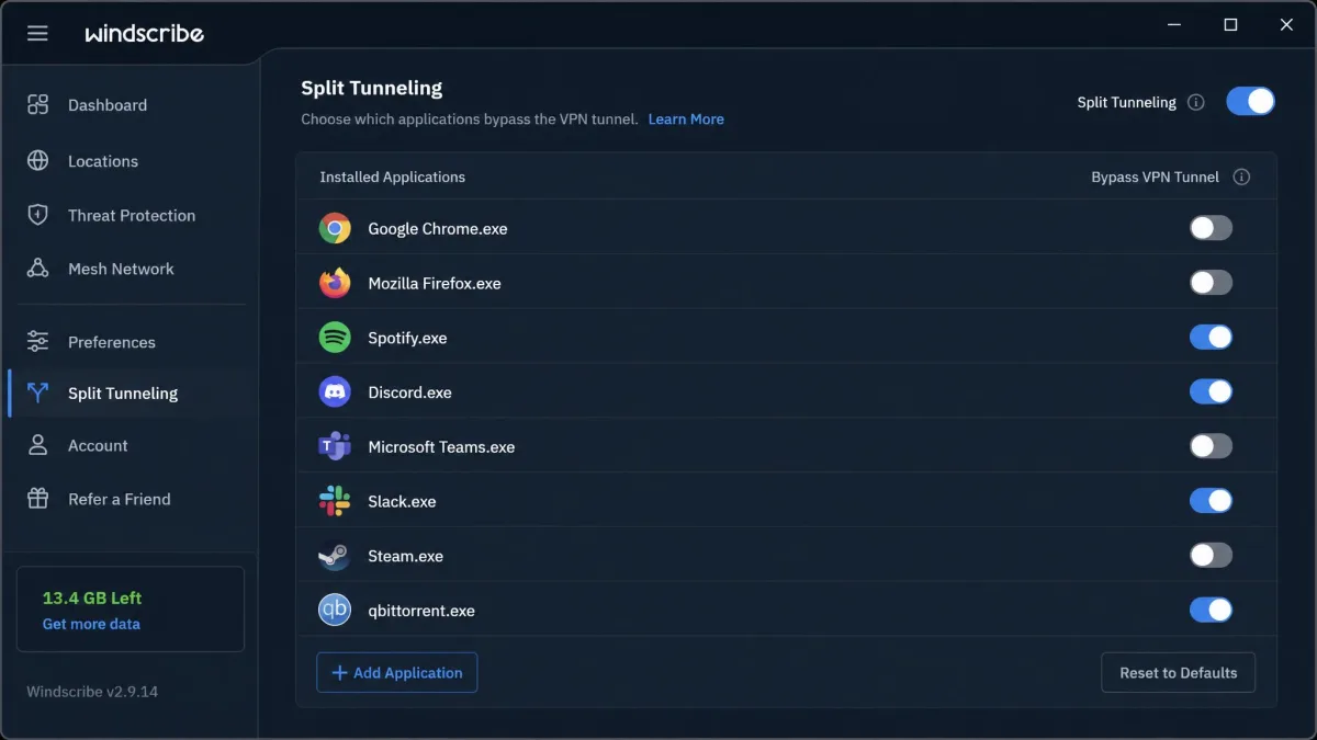 The Windscribe split tunneling screen on Windows listing installed applications with individual toggles marking which apps bypass the VPN tunnel.