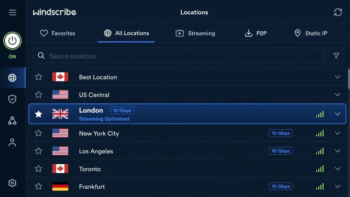 The Windscribe app server list with a streaming-optimised location highlighted, showing the 10 Gbps icon beside the city name where the old Windflix marker used to appear.
