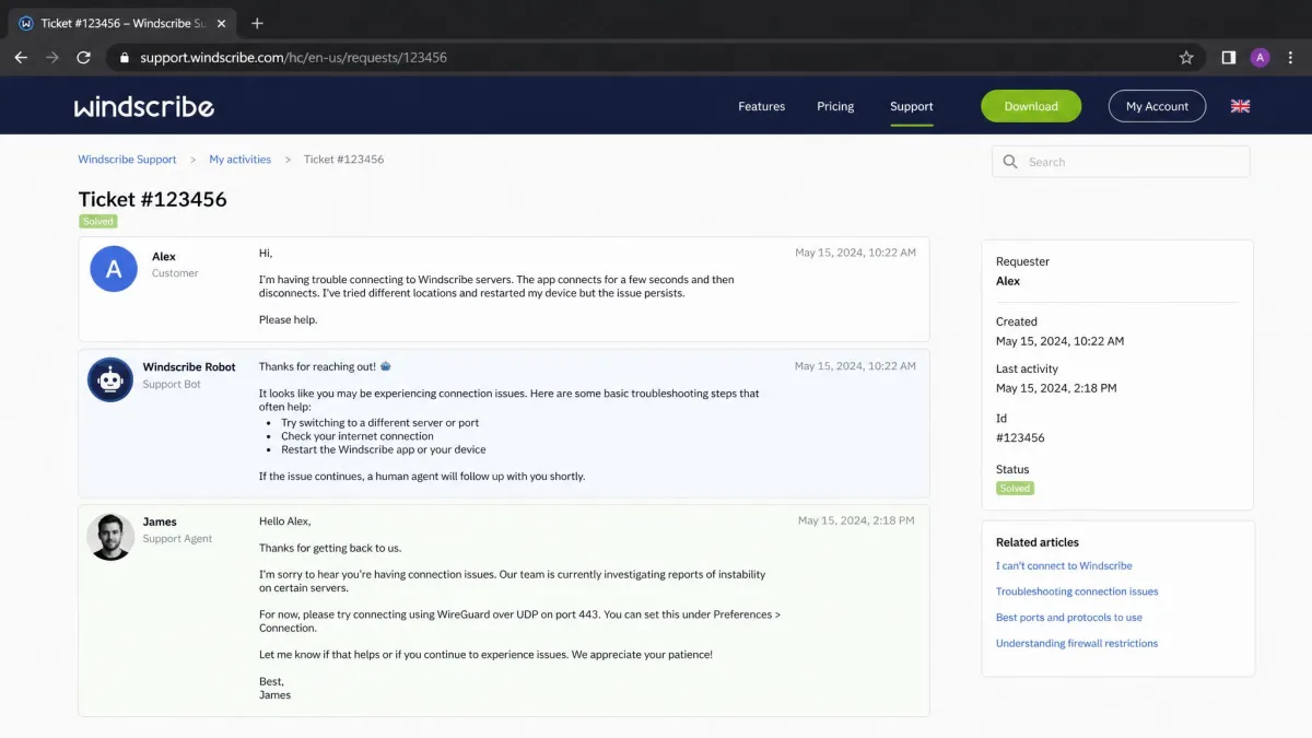 A Windscribe support ticket thread in a browser showing a submitted question, the automated chatbot reply and a later response from a human agent.