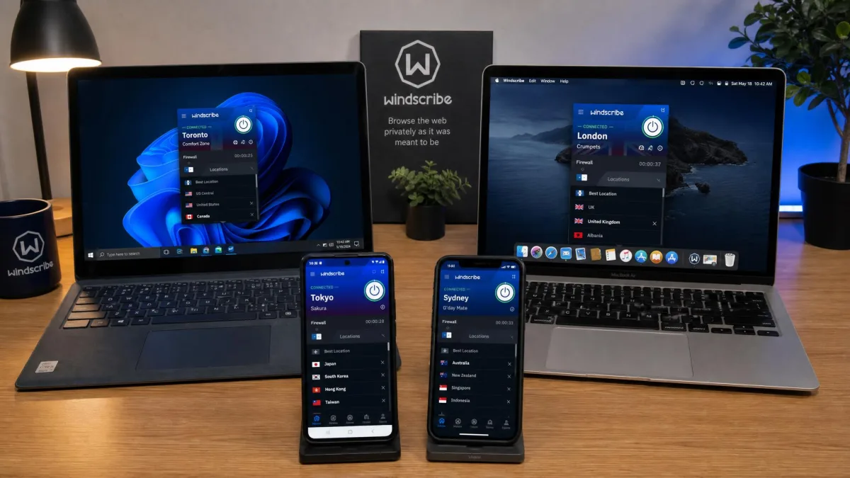A desk testing setup with a Windows laptop, a MacBook and two phones all running the Windscribe app connected to different server locations simultaneously.