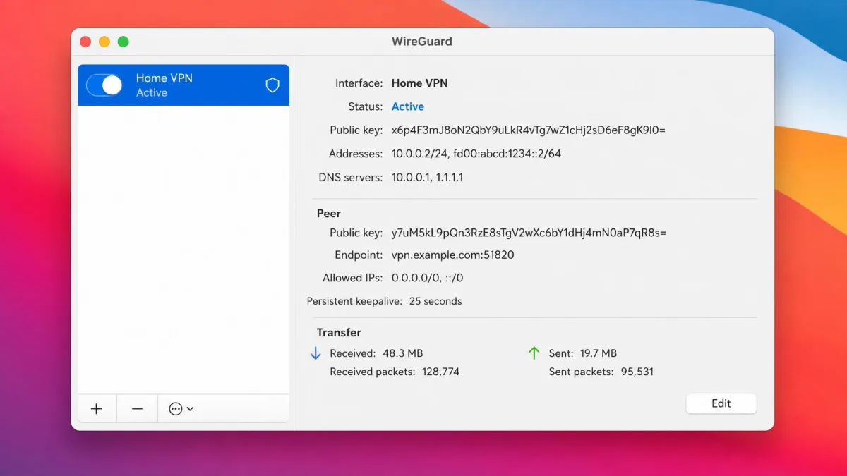 The WireGuard macOS app main window with a tunnel switched on, the status shown as active in blue, and transfer statistics listed below the peer details.