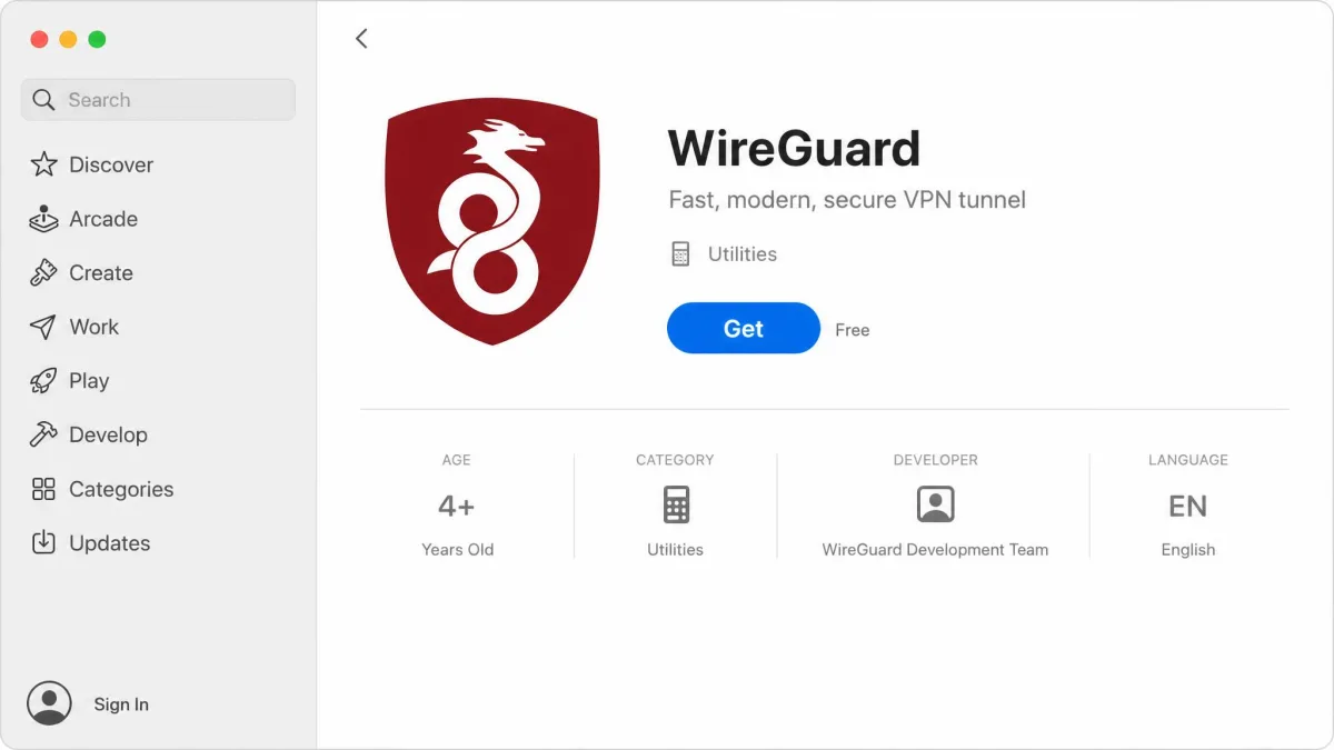 The WireGuard app listing in the macOS App Store, showing the WireGuard shield logo, the free Get button, and the Utilities category label.