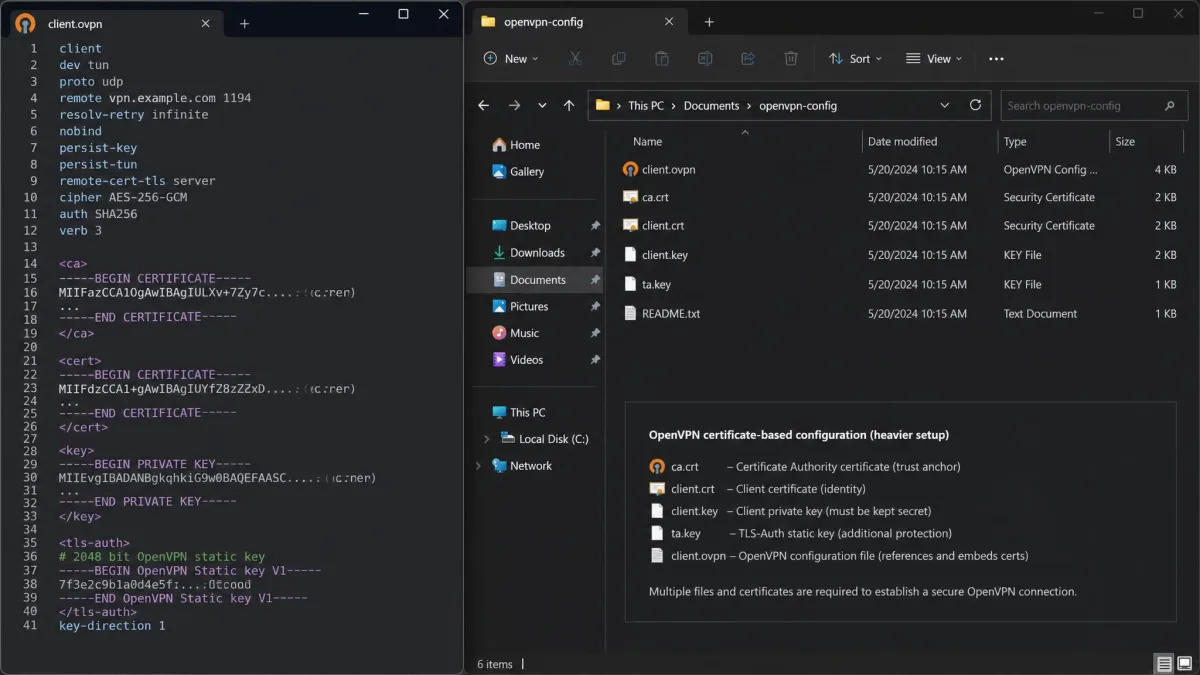 An OpenVPN .ovpn configuration file shown alongside its bundled CA certificate and key files in a folder, illustrating the heavier certificate-based setup OpenVPN requires.